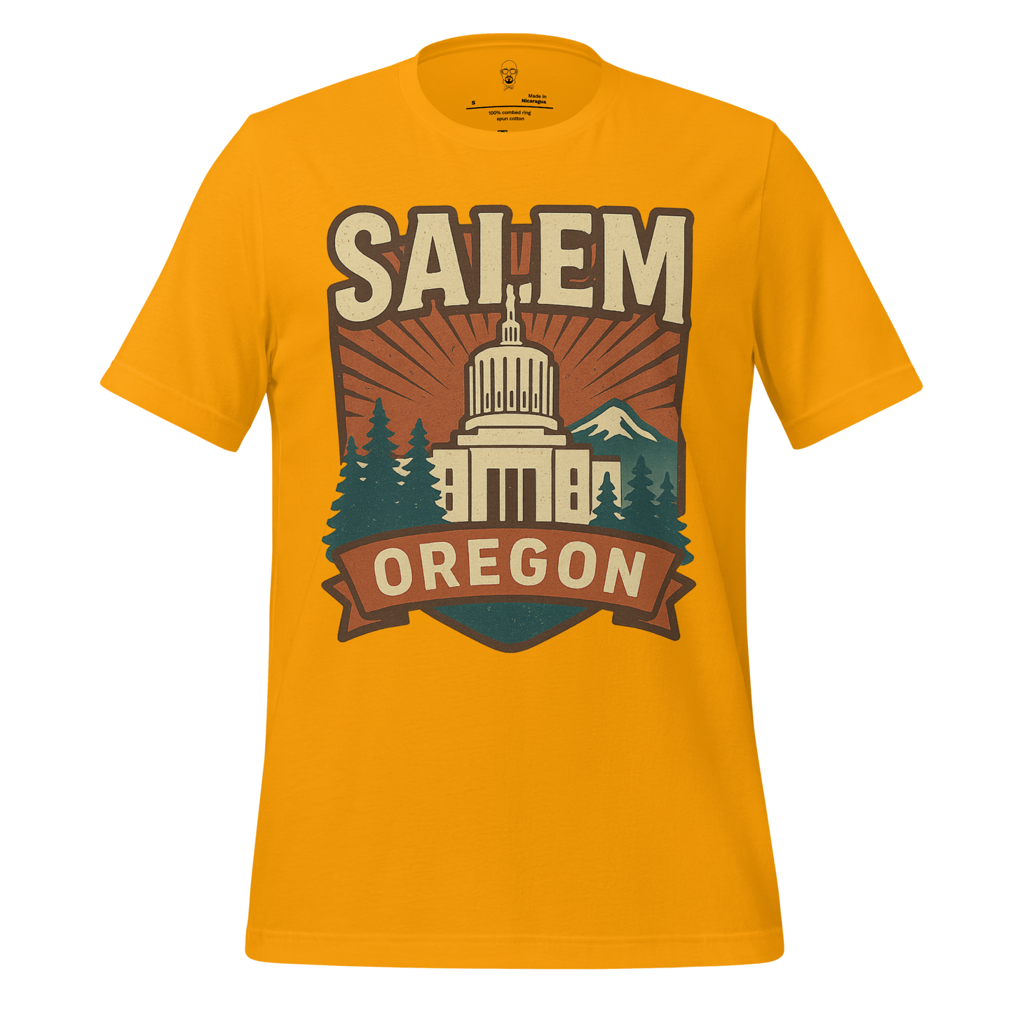 JMK Drip Salem Graphic T-Shirt in yellow featuring Oregon Capitol building and scenic design