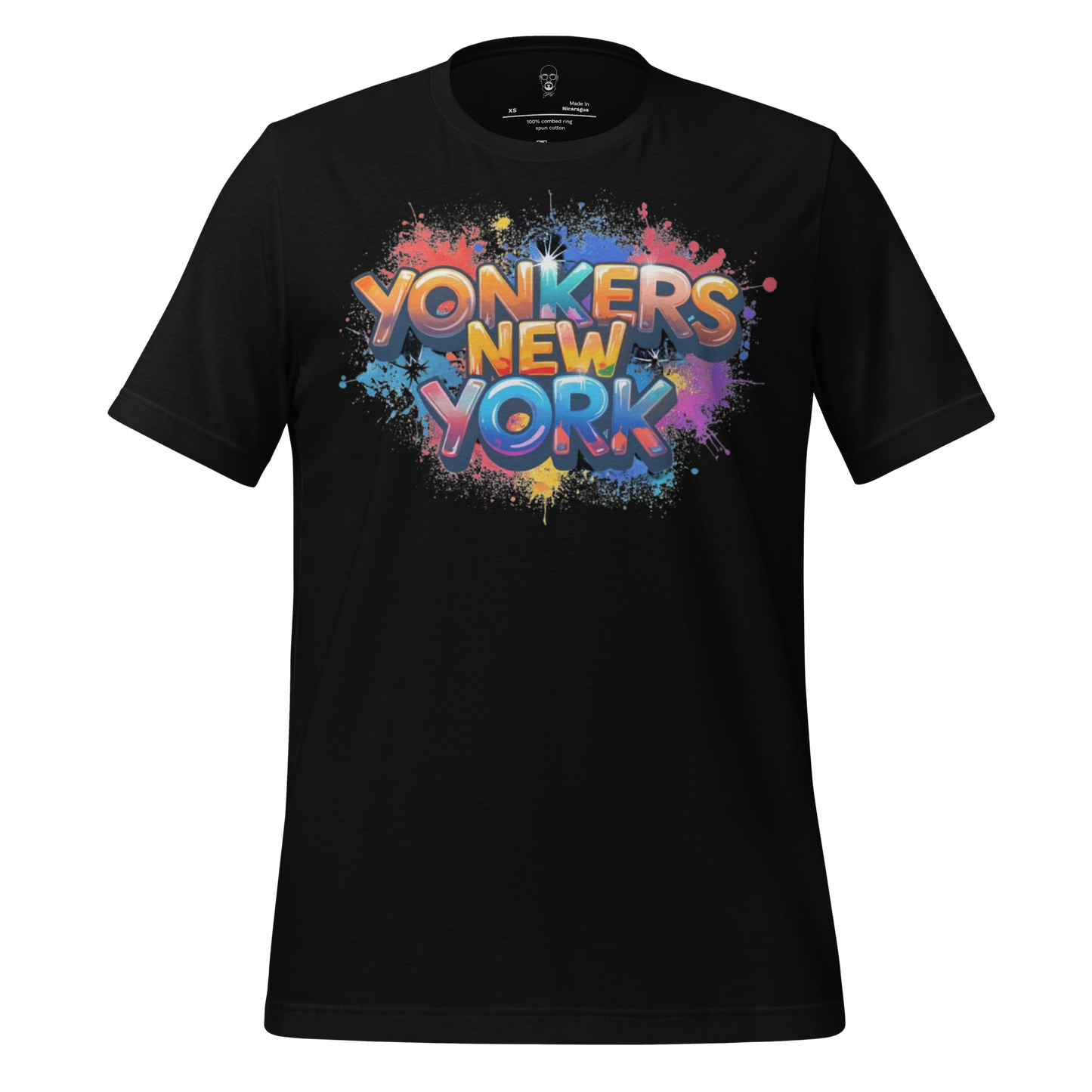 Black t-shirt with colorful graffiti style Yonkers New York t-shirt design by JMK Drip