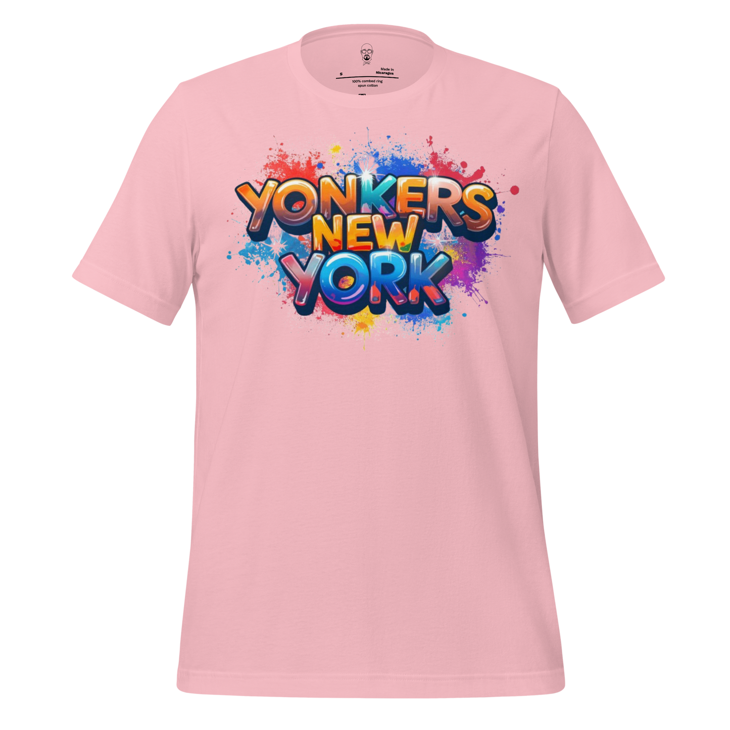 Pink Yonkers New York t-shirt with colorful graffiti style text and paint splatter design
