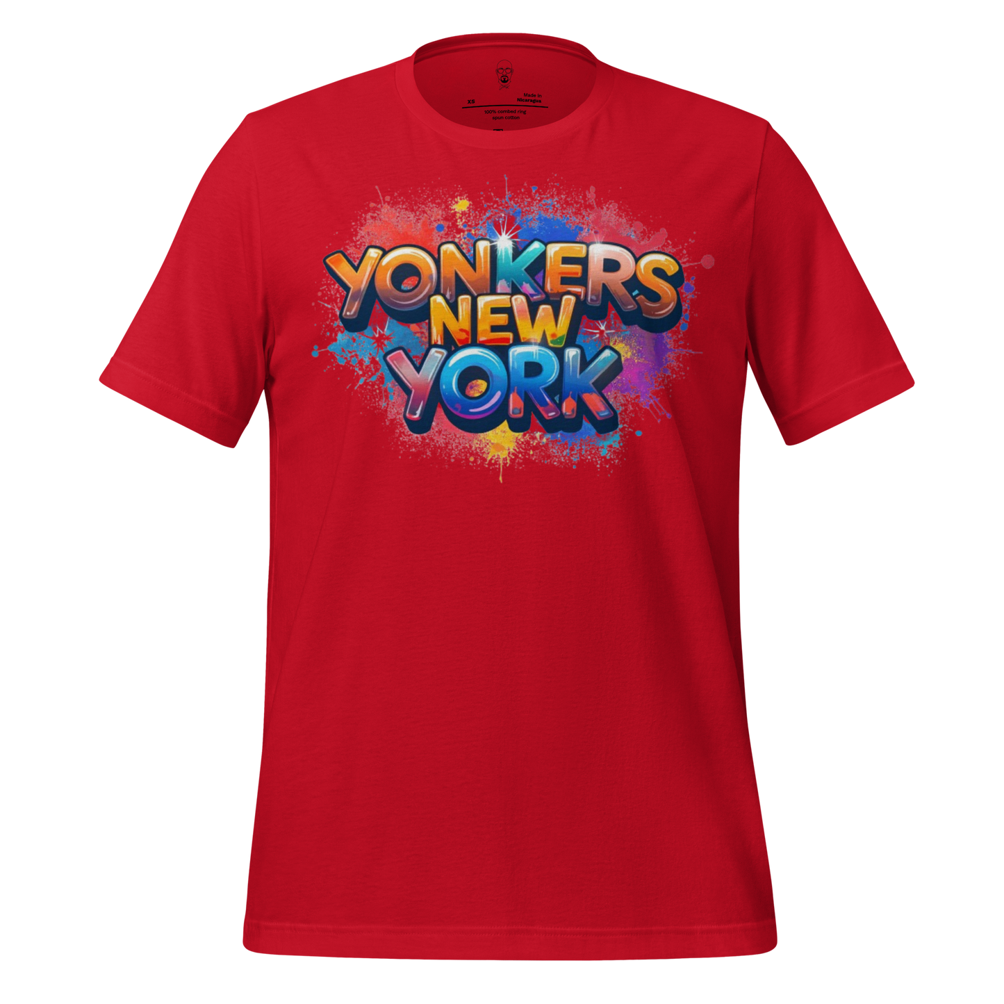 Red t-shirt with colorful graffiti style text reading Yonkers New York t-shirt by JMK Drip