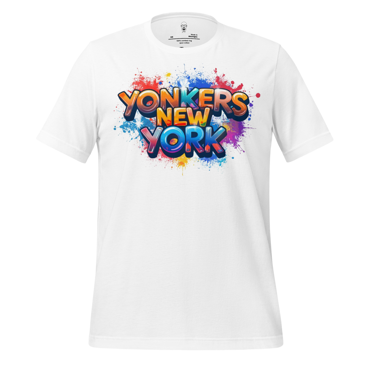 White JMK Drip Yonkers New York t-shirt with colorful graffiti style text and paint splatter design