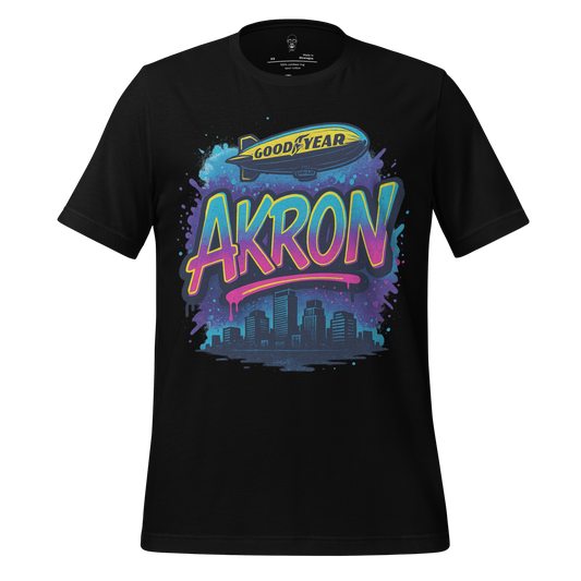 Black Akron graphic t-shirt with colorful city skyline and Goodyear blimp design by JMK Drip