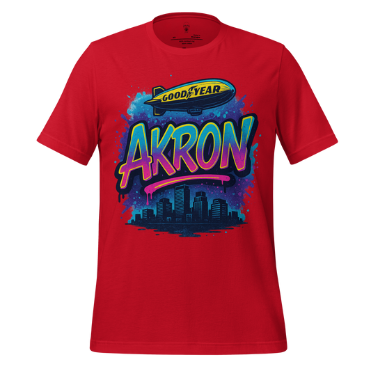 JMK Drip Akron graphic t-shirt in red with colorful city skyline and Goodyear blimp design