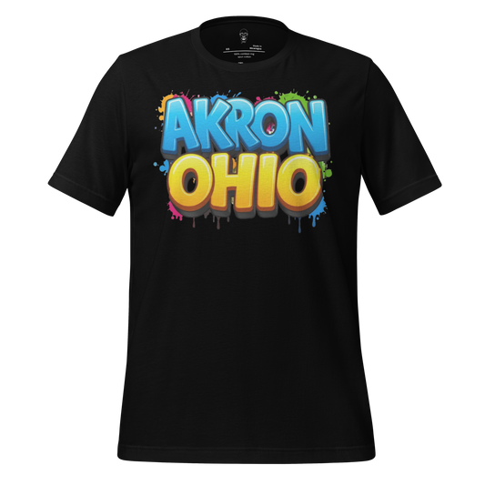 Black Akron Ohio t-shirt with colorful graffiti style print by JMK Drip