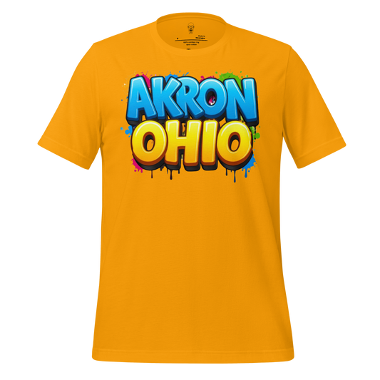 Yellow Akron Ohio t-shirt with colorful graffiti style graphic design by JMK Drip
