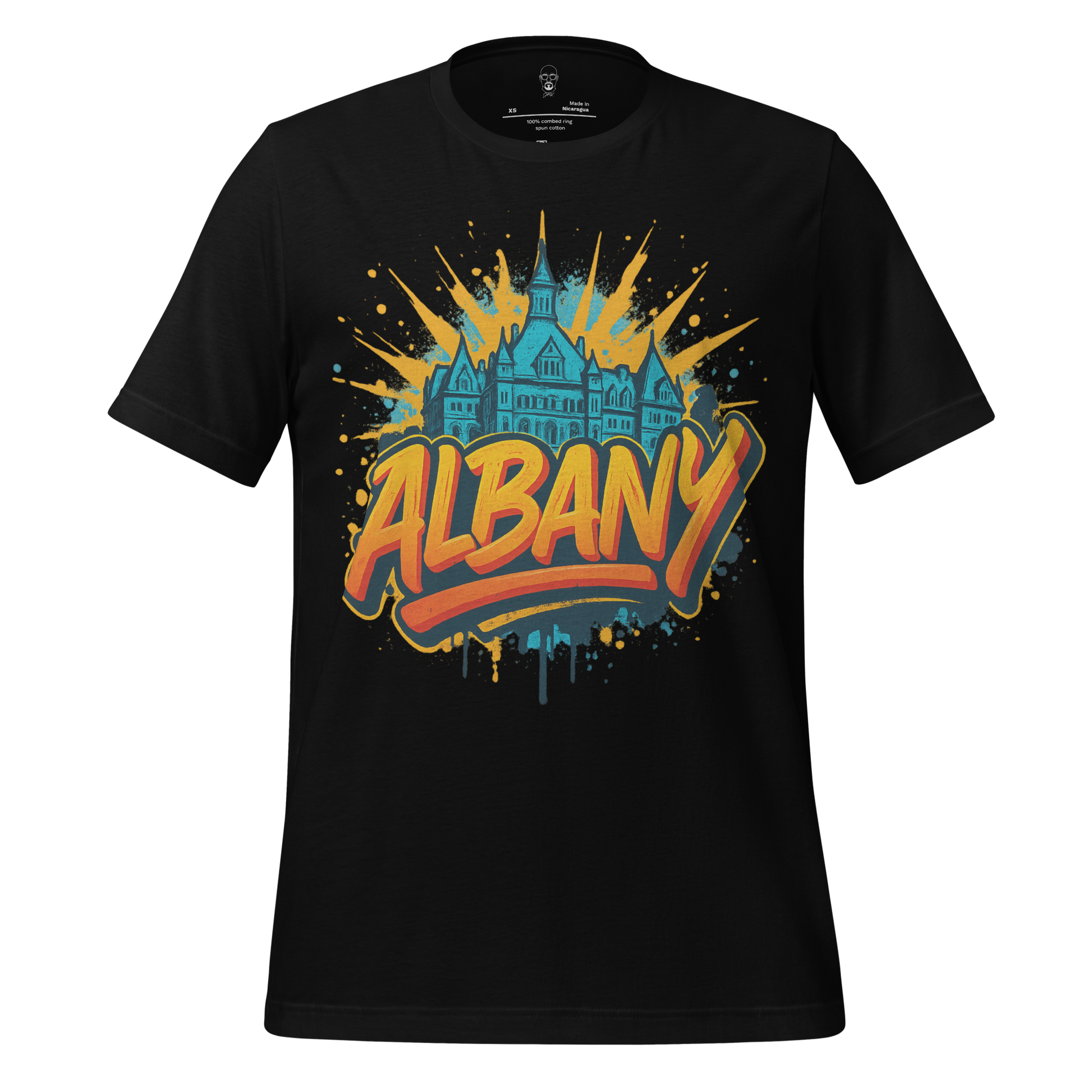 JMK Drip Albany graphic t-shirt with colorful cityscape design on black cotton fabric