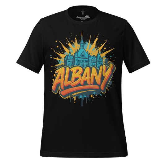 JMK Drip Albany graphic t-shirt with colorful cityscape design on black cotton fabric