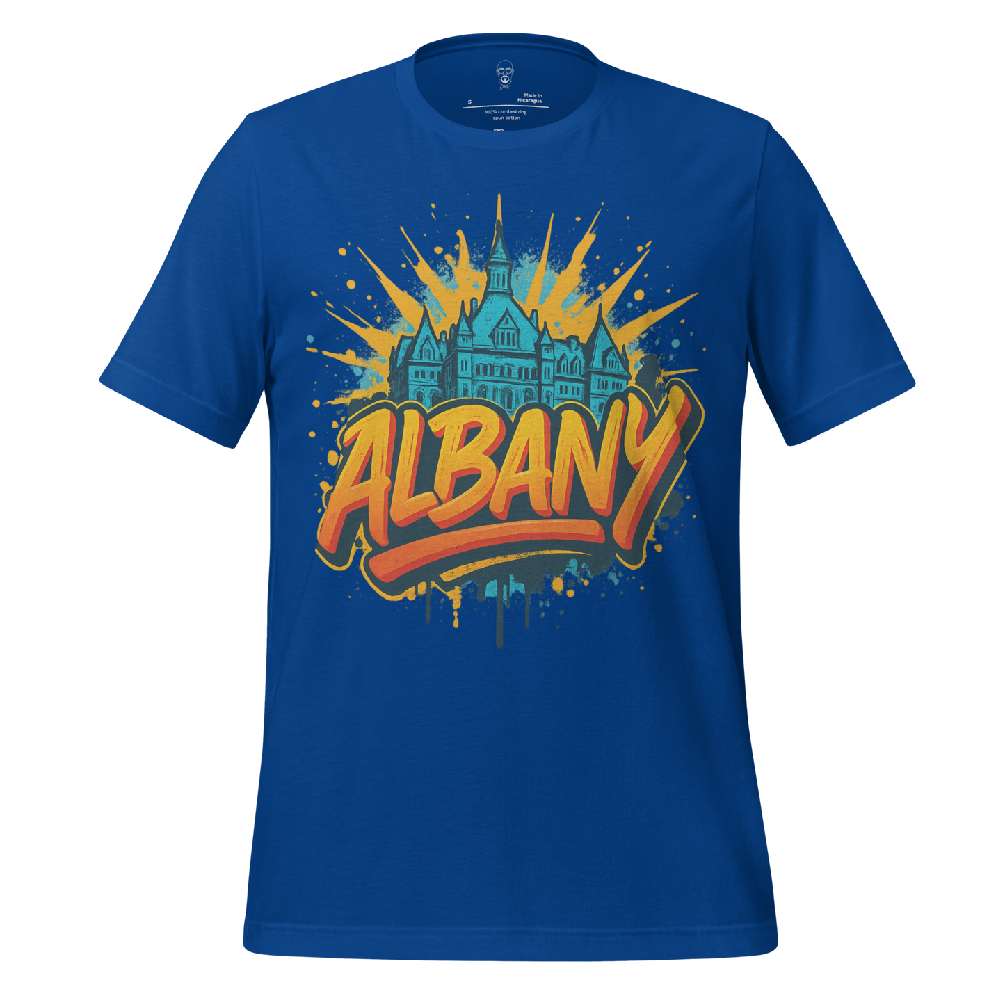 Blue Albany graphic t-shirt by JMK Drip featuring a colorful historic building and bold Albany text