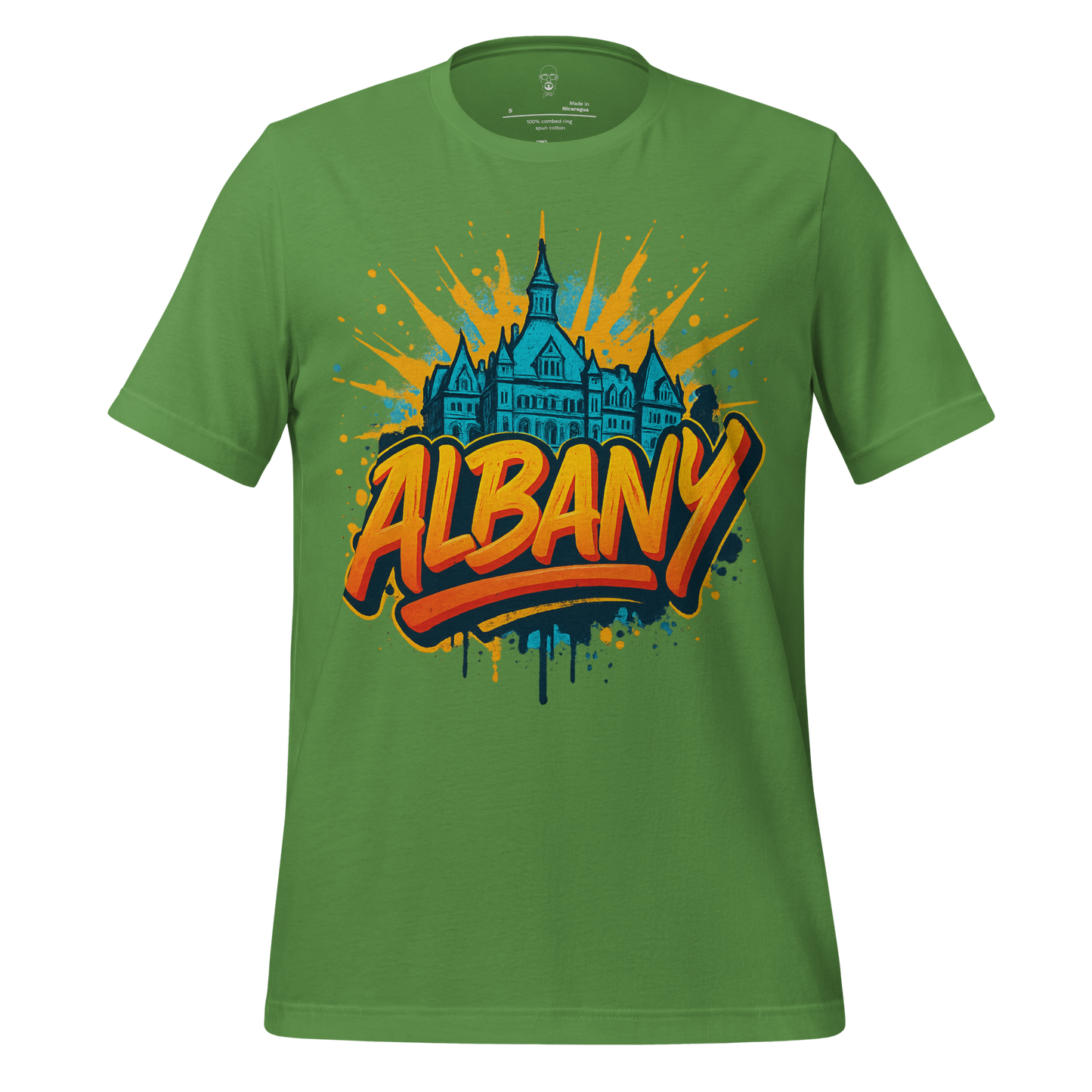 Green Albany graphic t-shirt featuring a colorful cityscape and bold Albany text design