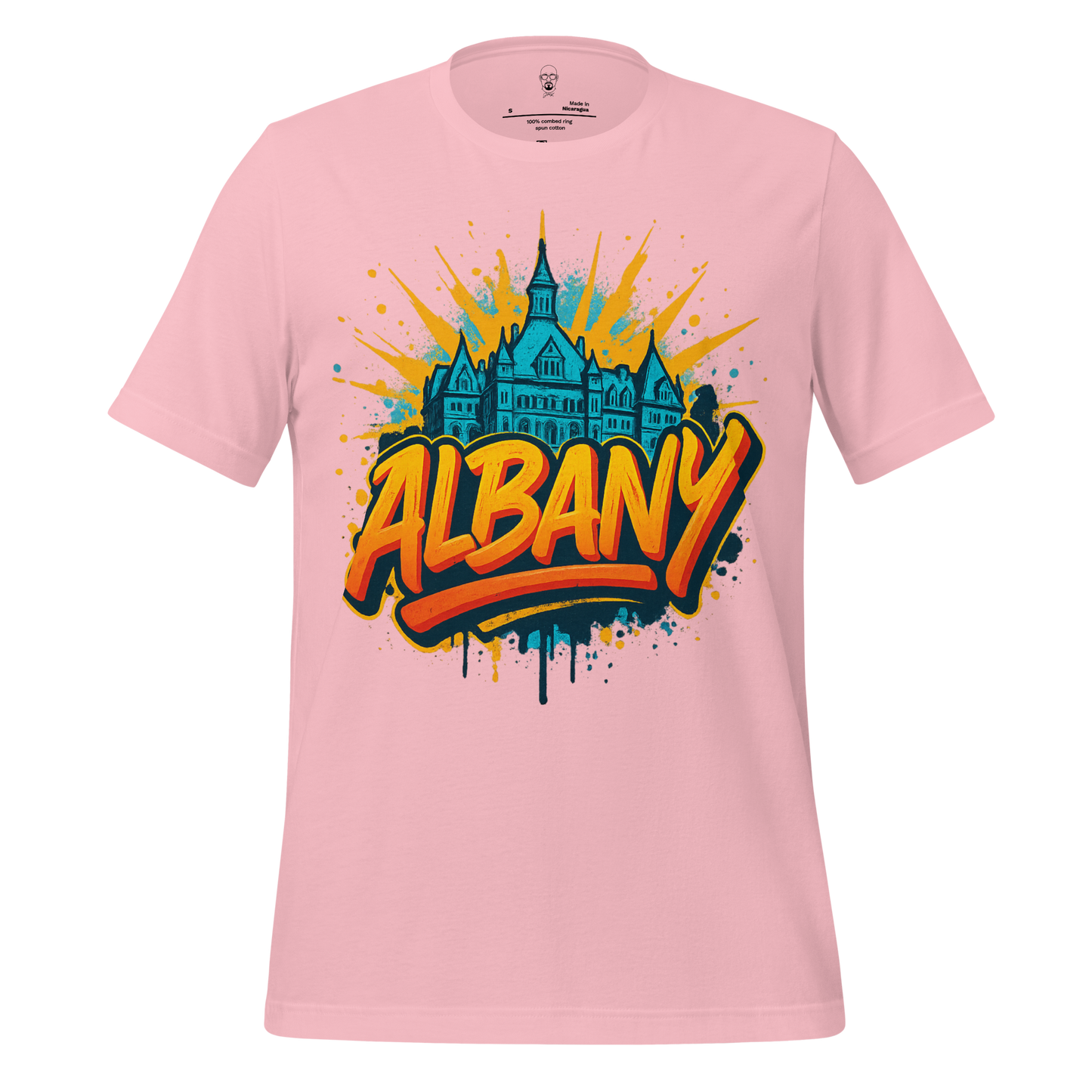 Pink Albany graphic t-shirt with colorful cityscape and bold Albany text design