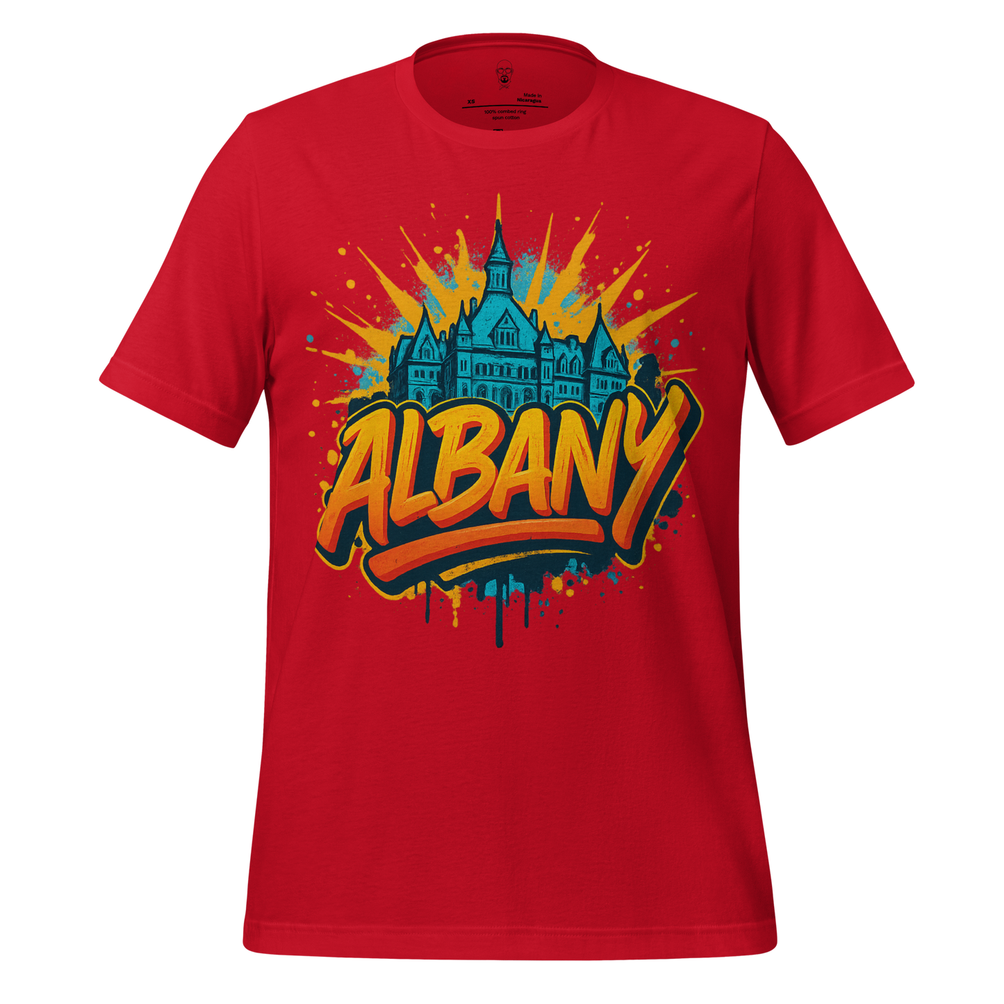 JMK Drip red Albany graphic t-shirt with colorful cityscape design and bold lettering
