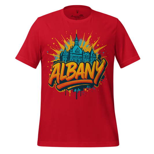 JMK Drip red Albany graphic t-shirt with colorful cityscape design and bold lettering
