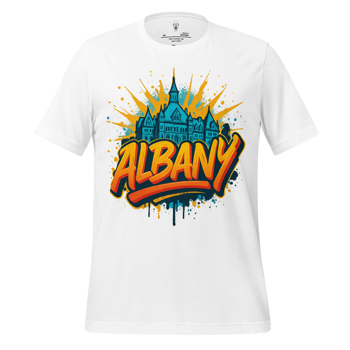 JMK Drip white Albany graphic t-shirt with vibrant cityscape and bold orange Albany text design