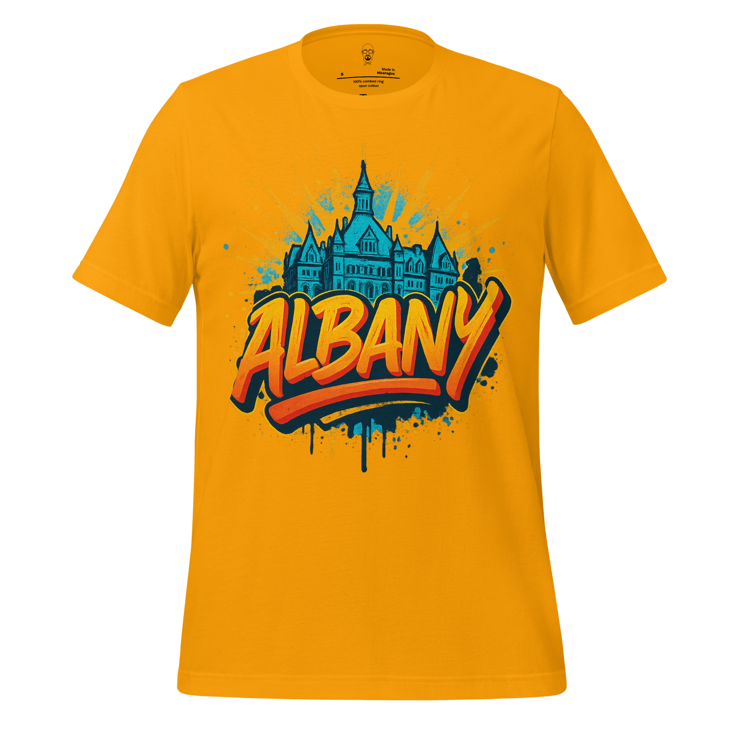 JMK Drip Albany graphic t-shirt in mustard yellow with blue cityscape and bold Albany text design