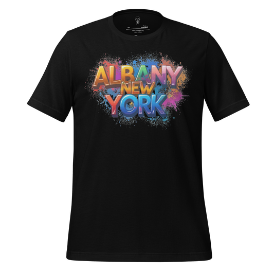 Black t-shirt with colorful graffiti style Albany New York t-shirt graphic design on front