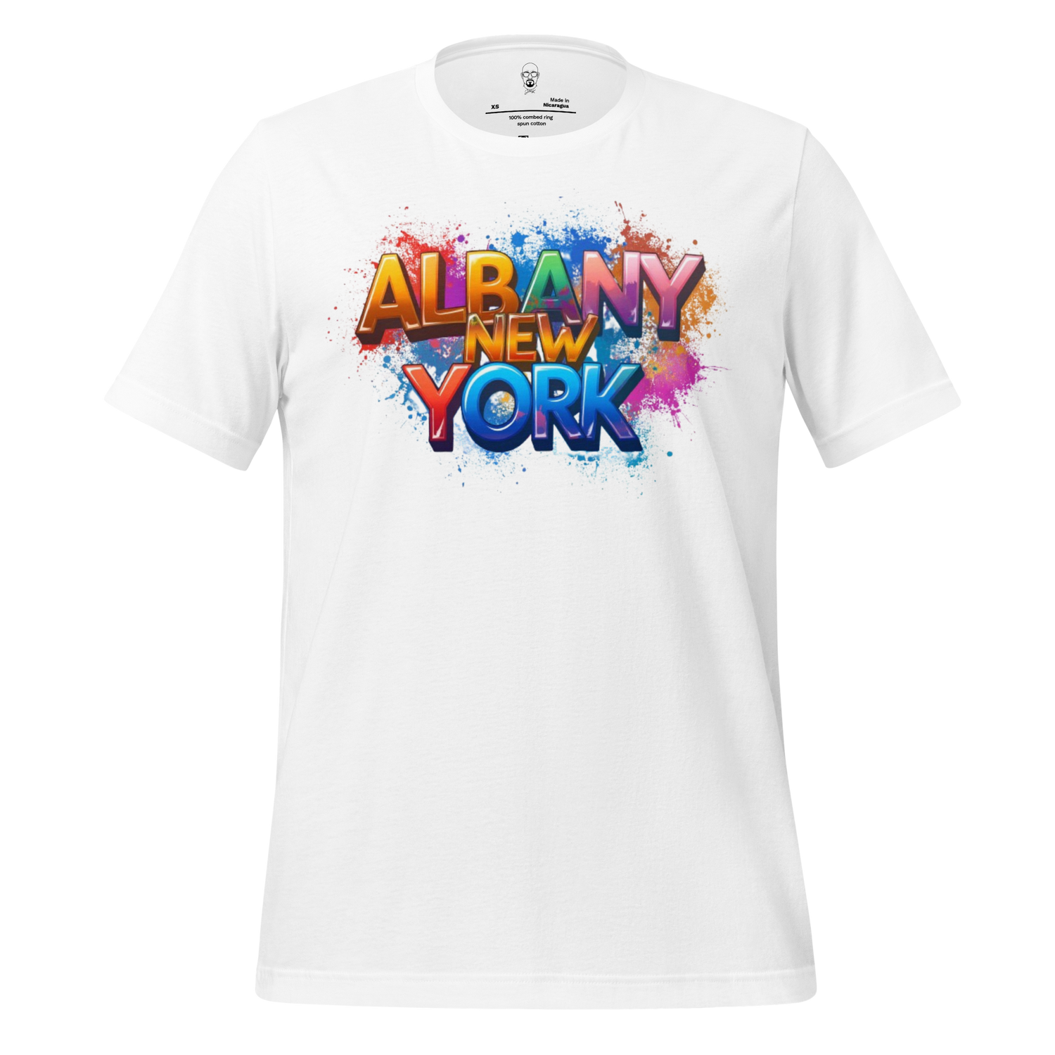 White t-shirt with colorful graffiti style Albany New York t-shirt text design on front