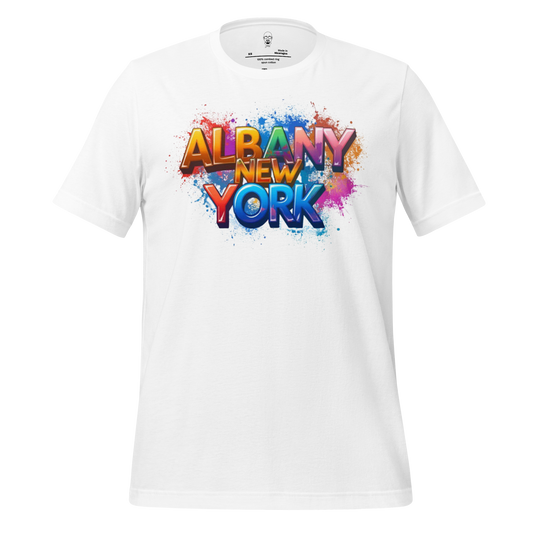 White t-shirt with colorful graffiti style Albany New York t-shirt text design on front