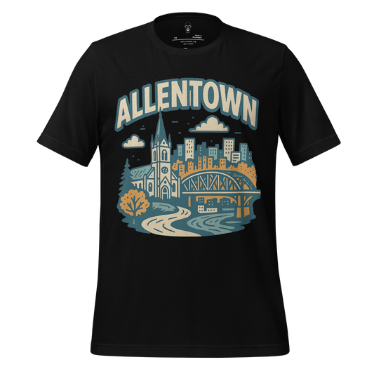 JMK Drip black Allentown t-shirt featuring a cityscape design with church, bridge, and river graphic