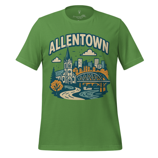 Green Allentown t-shirt by JMK Drip featuring city skyline and bridge graphic design