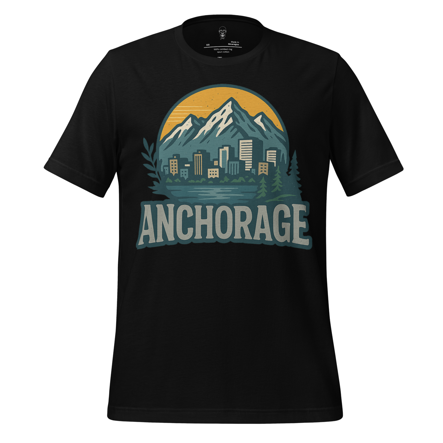 Black Anchorage Graphic T-Shirt by JMK Drip featuring mountain and city skyline design