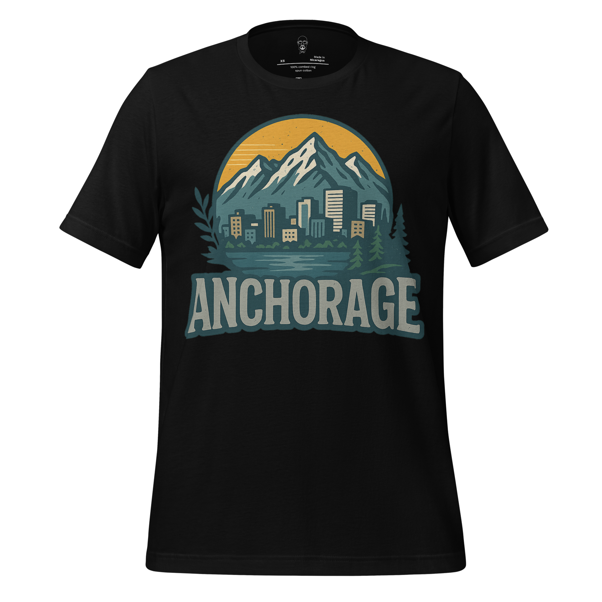Black Anchorage Graphic T-Shirt by JMK Drip featuring mountain and city skyline design