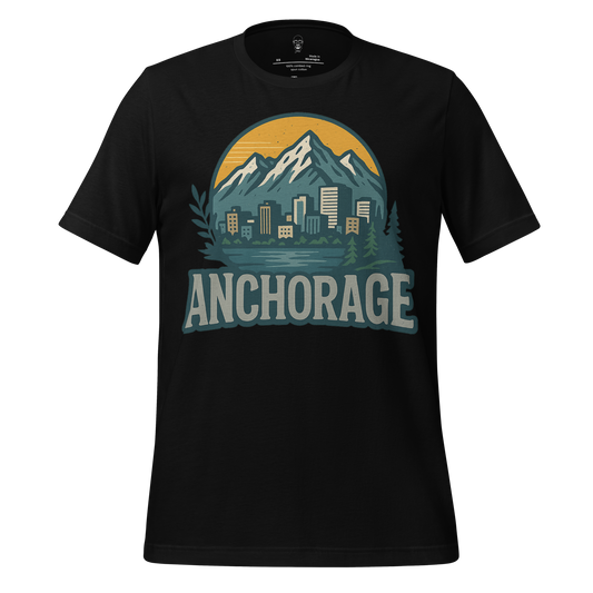 Black Anchorage Graphic T-Shirt by JMK Drip featuring mountain and city skyline design