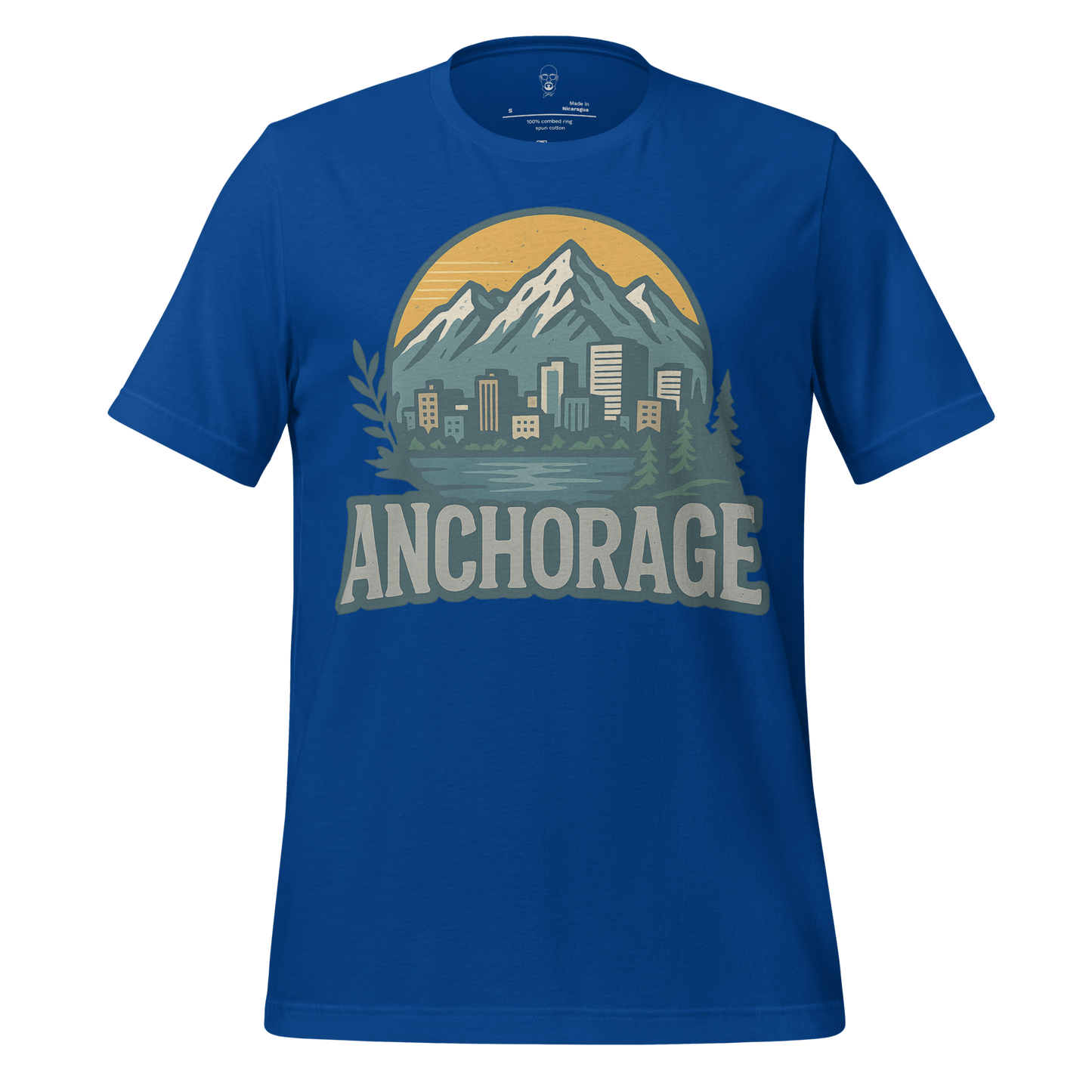 JMK Drip Anchorage Graphic T-Shirt in blue featuring mountain and city skyline design