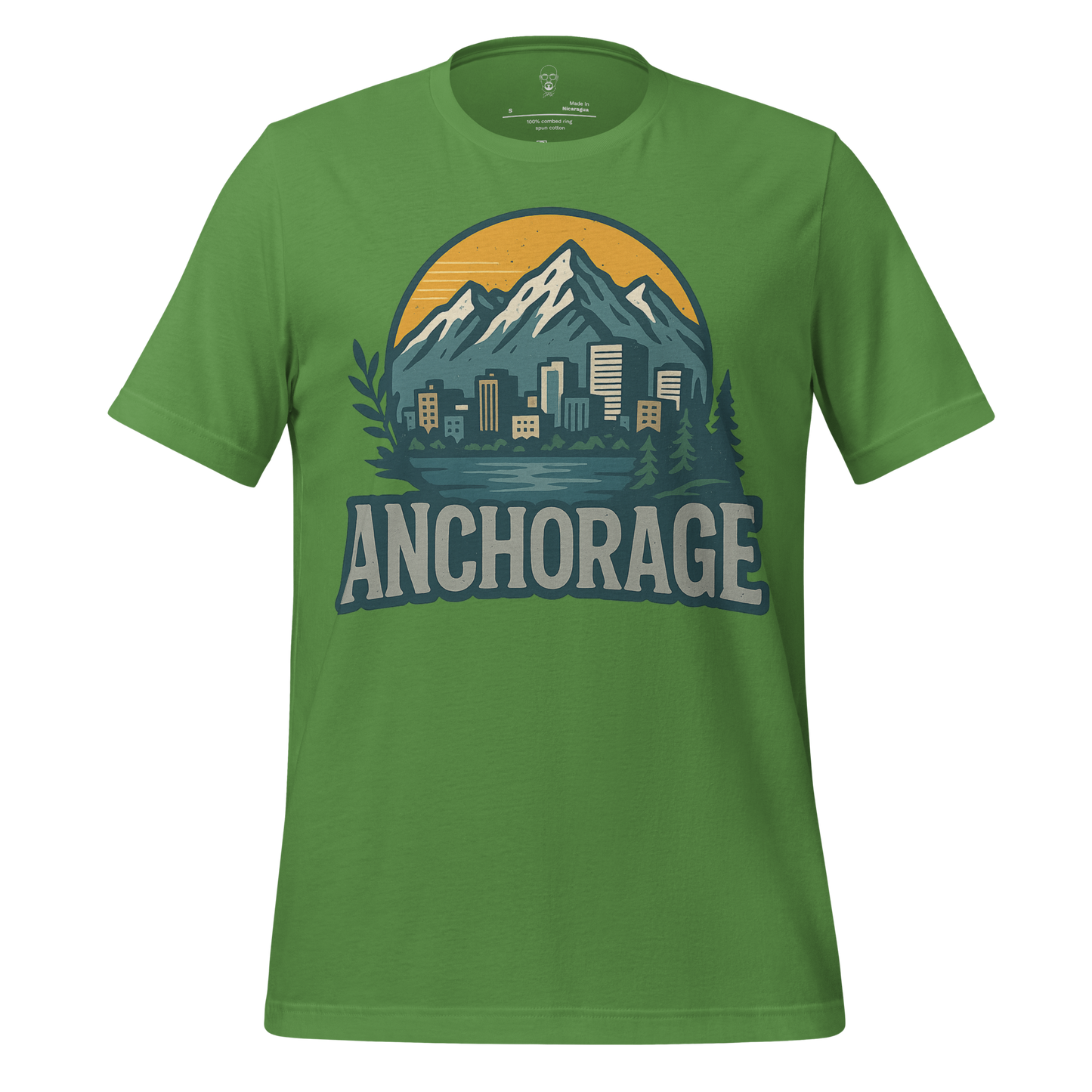 JMK Drip green Anchorage Graphic T-Shirt featuring mountains and city skyline design