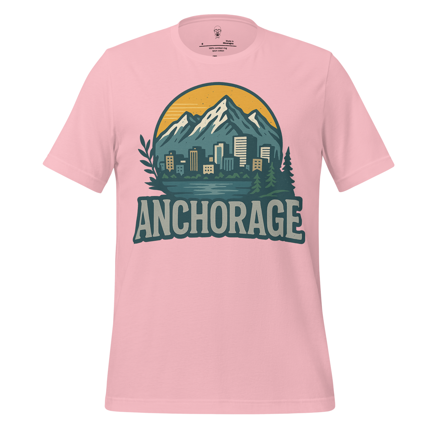 Pink Anchorage Graphic T-Shirt with mountain and city skyline design by JMK Drip