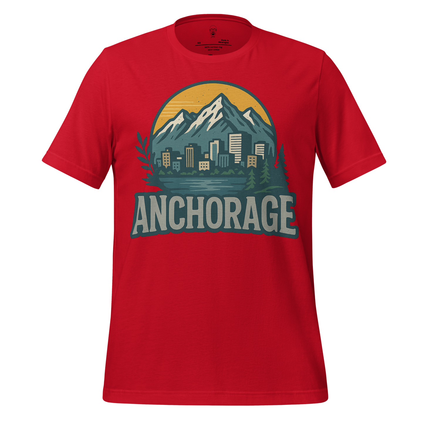 Red Anchorage Graphic T-Shirt by JMK Drip featuring mountain and city skyline design