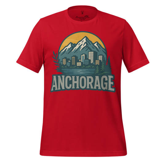 Red Anchorage Graphic T-Shirt by JMK Drip featuring mountain and city skyline design
