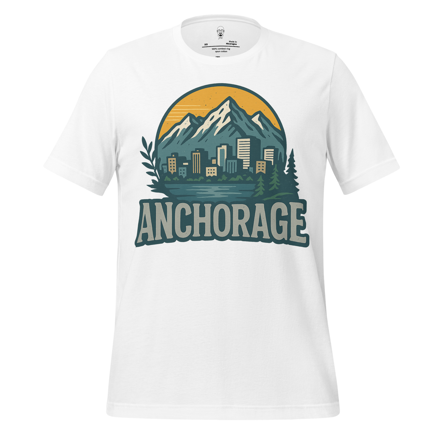White Anchorage Graphic T-Shirt by JMK Drip featuring mountain and city skyline design