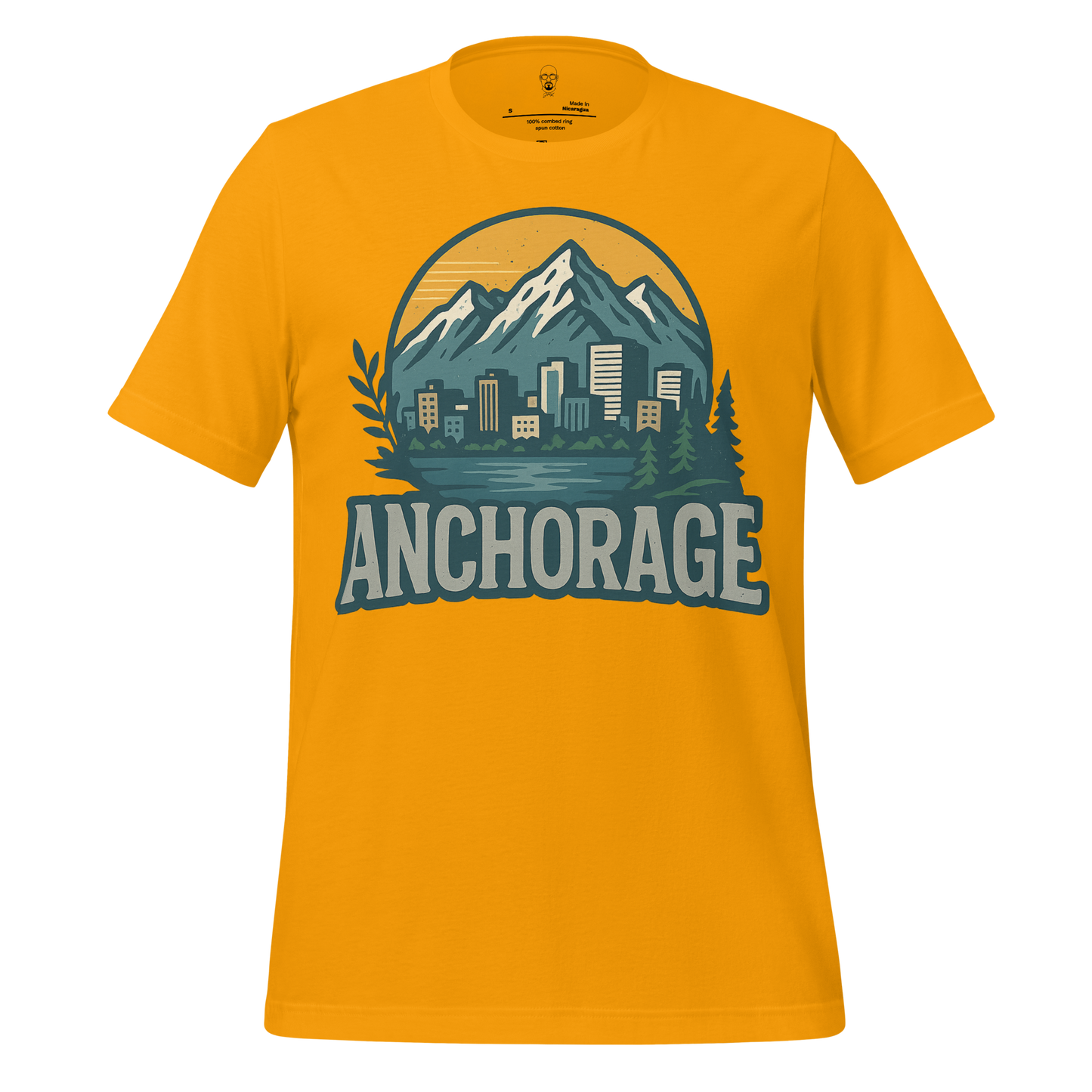 JMK Drip yellow Anchorage Graphic T-Shirt with mountain and city skyline design