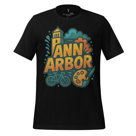 Black Ann Arbor t-shirt by JMK Drip featuring colorful Ann Arbor text, bicycle, paint palette, and tower graphic