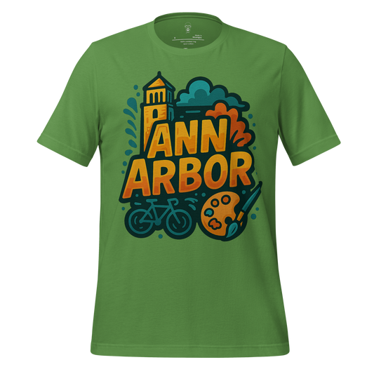 JMK Drip green Ann Arbor t-shirt with graphic design of tower, bike, and artist palette