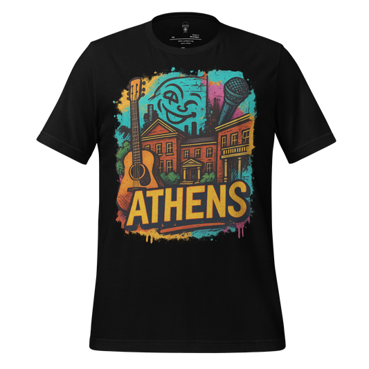Black Athens Graphic T-Shirt by JMK Drip featuring colorful cityscape with guitar and microphone design