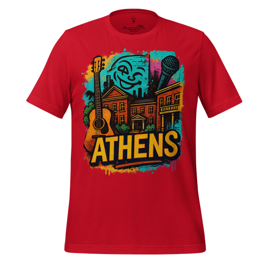 JMK Drip red Athens Graphic T-Shirt with colorful urban design featuring guitar and microphone
