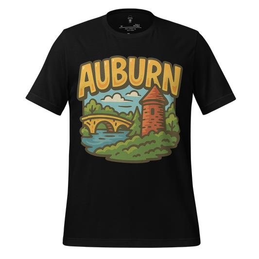 Black JMK Drip Auburn graphic t-shirt with vintage style bridge and tower design