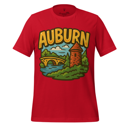 Red Auburn graphic t-shirt featuring a colorful illustration of a bridge, tower, and greenery