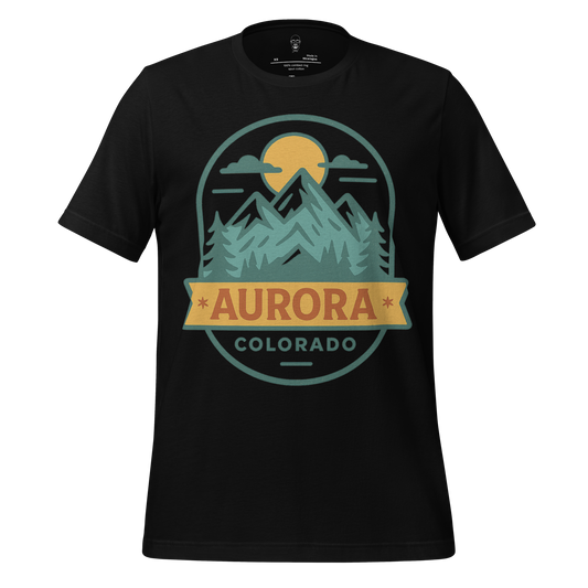 Aurora Colorado Graphic T-Shirt with mountain and sun design on black fabric by JMK Drip