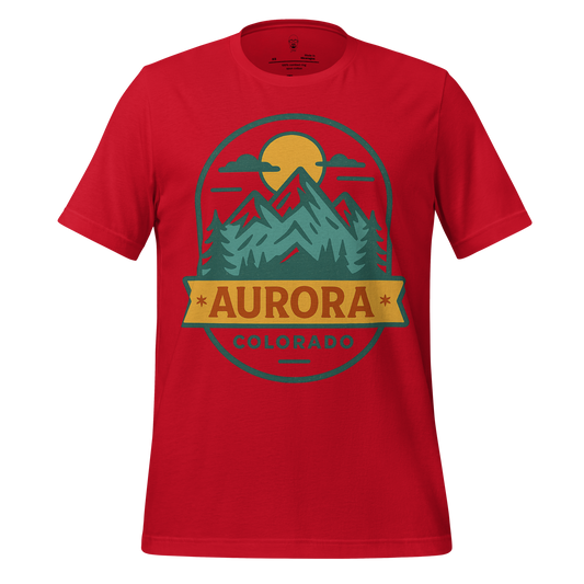 Red Aurora Colorado Graphic T-Shirt with mountain and sun design by JMK Drip
