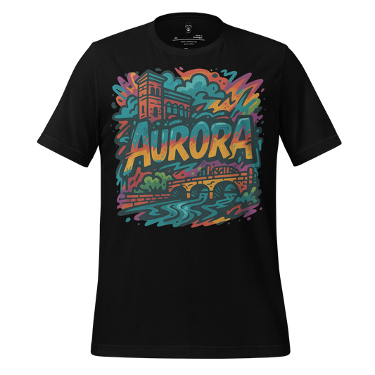 JMK Drip Aurora Graphic T-Shirt with colorful cityscape and river design on black fabric