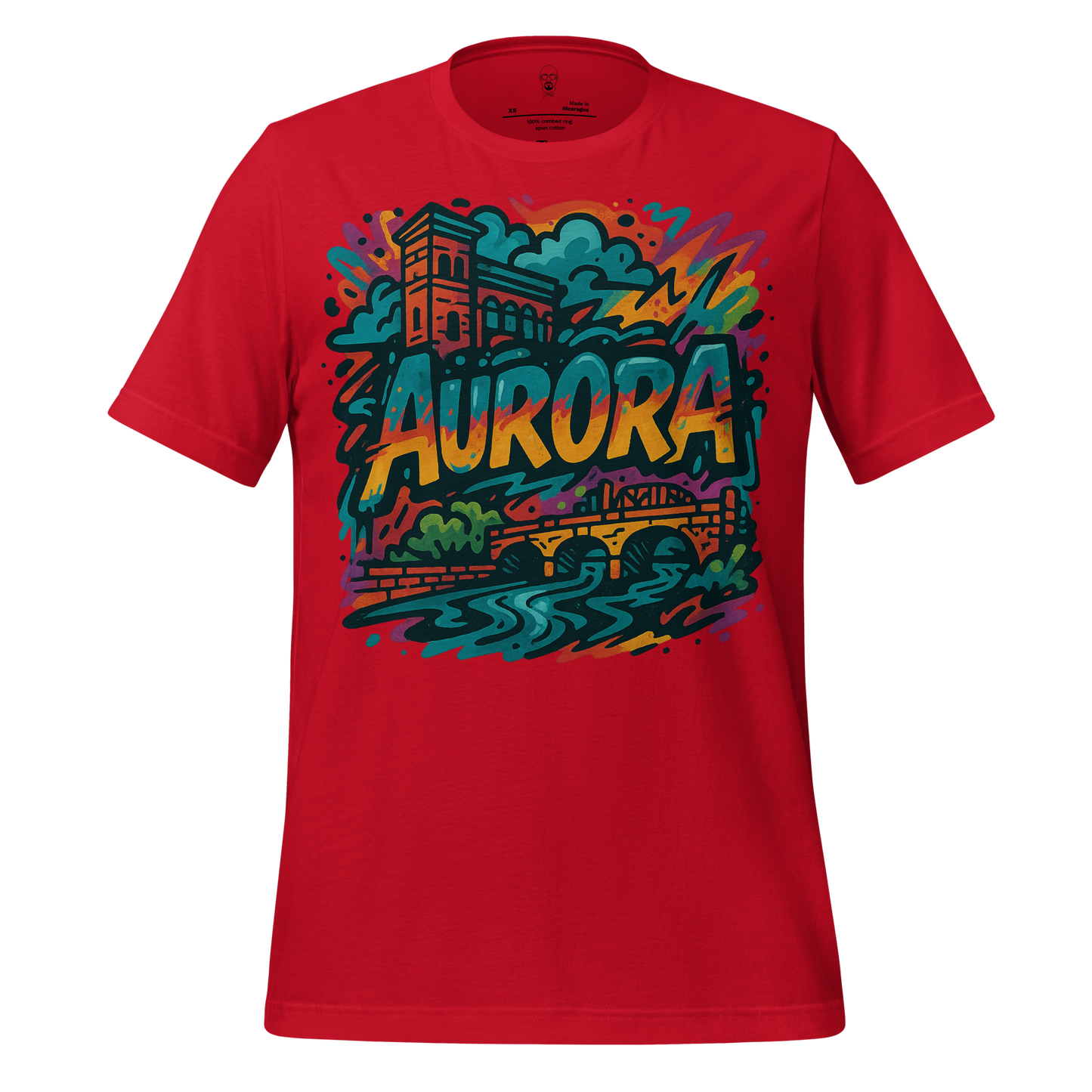 JMK Drip red Aurora Graphic T-Shirt with colorful cityscape and river design on front