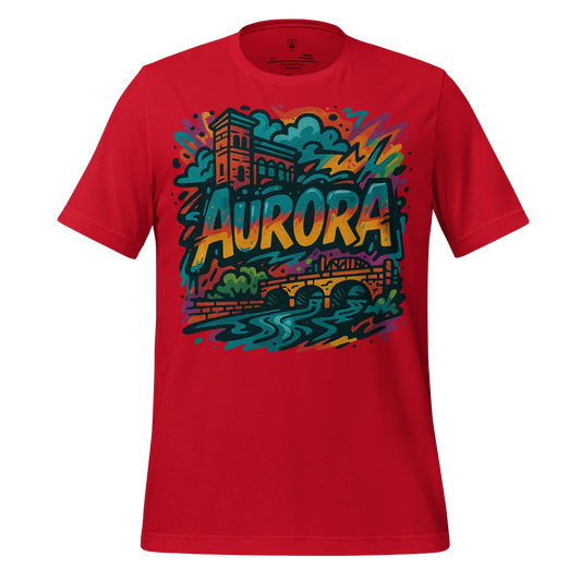 JMK Drip red Aurora Graphic T-Shirt with colorful cityscape and river design on front
