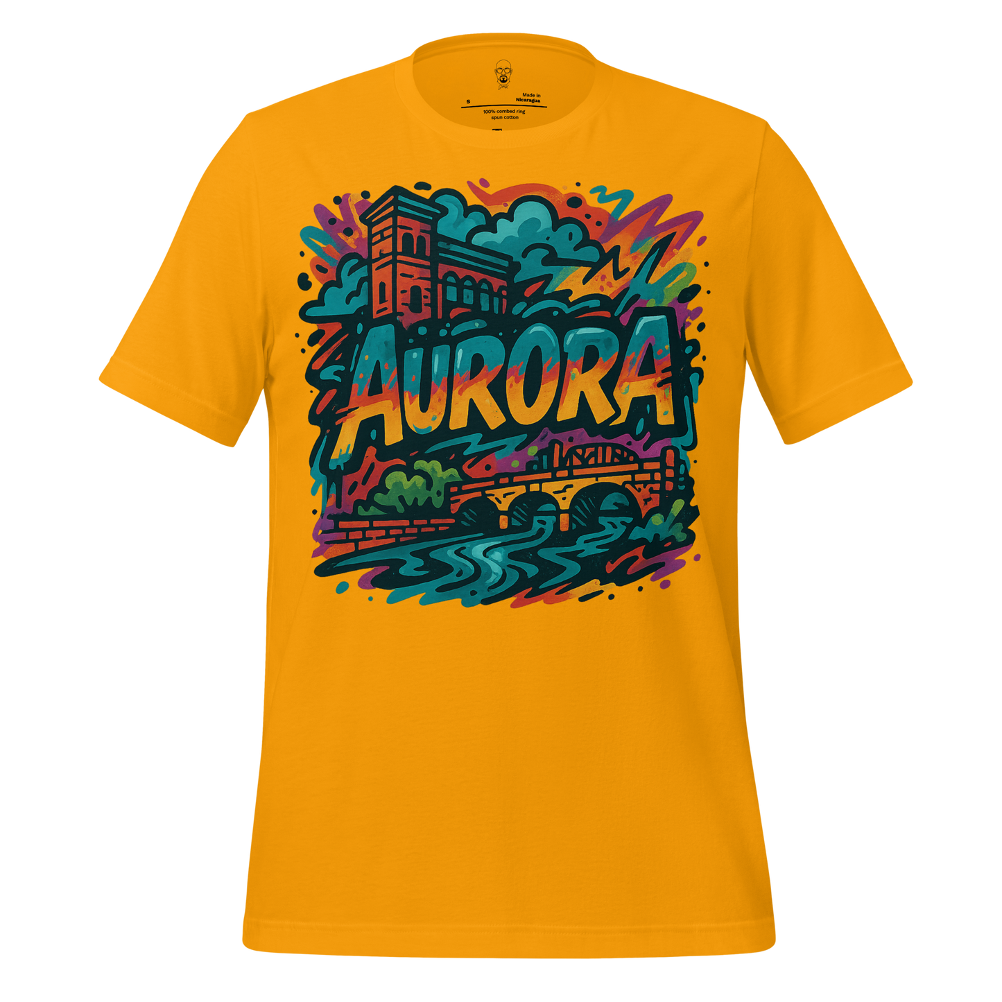 JMK Drip yellow Aurora Graphic T-Shirt with colorful cityscape and river design