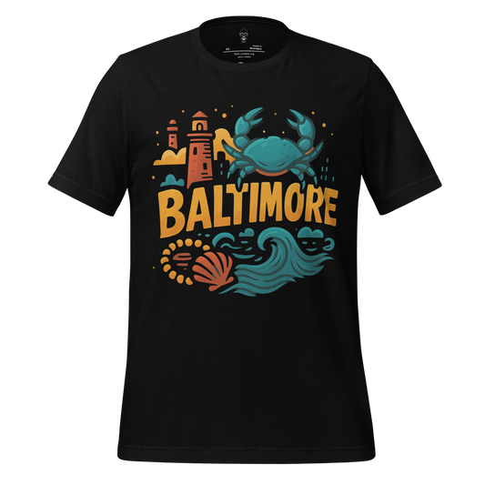 JMK Drip Baltimore graphic t-shirt with crab lighthouse and ocean wave design on black cotton
