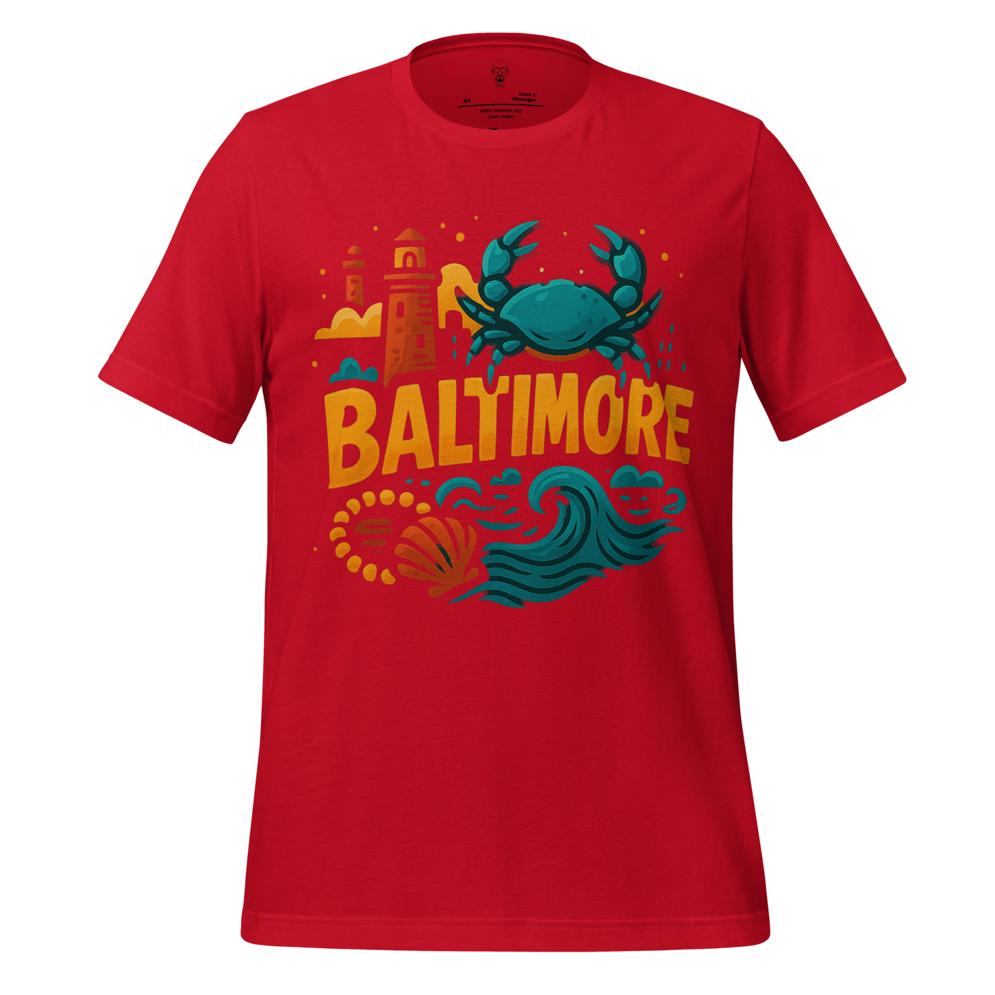 JMK Drip red Baltimore graphic t-shirt featuring a crab, waves, and city landmarks design