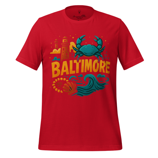 JMK Drip red Baltimore graphic t-shirt featuring a crab, waves, and city landmarks design