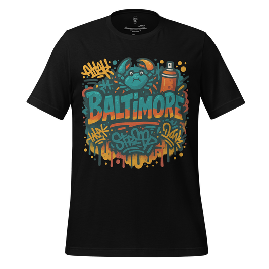 Black Baltimore graphic tee with colorful graffiti design featuring a crab and spray paint can