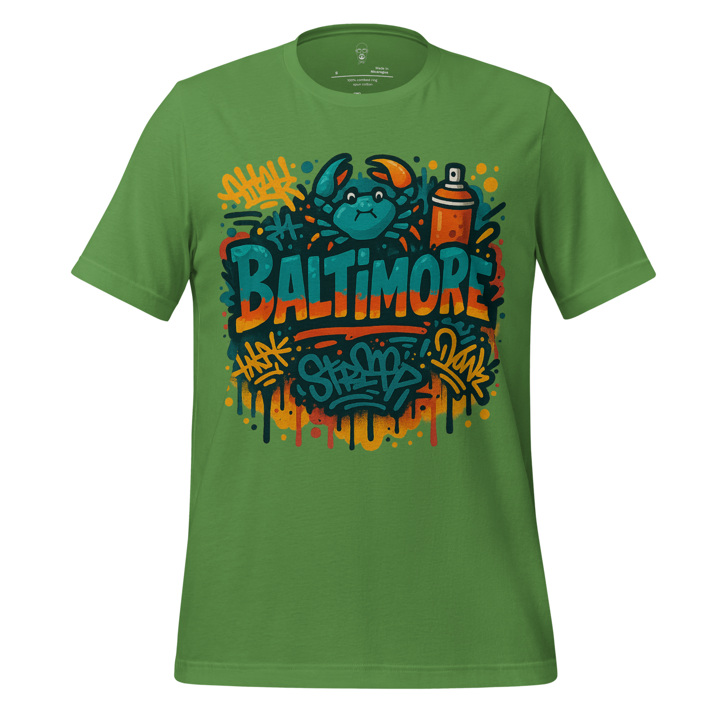 Green Baltimore graphic tee featuring a blue crab and spray paint can street art design